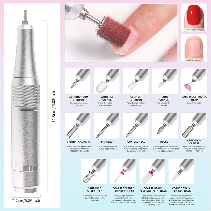 LimeGirl Electric Nail Drill Professional for Acrylic Nail Kit, Portable Electric Manicure Pedicure Polishing Set with 13 in 1 Nail Drill Bits Kit, 2024 Upgraded Electric Nail File 45000RPM (Pink)