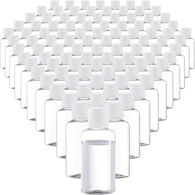 100 Pack 1.7oz Plastic Empty Bottles with Flip Cap Small Travel Size Bottles Hand Sanitizer Bottles Refillable Travel Container for Shampoo Body Soap Lotions Baby Shower (Clear)