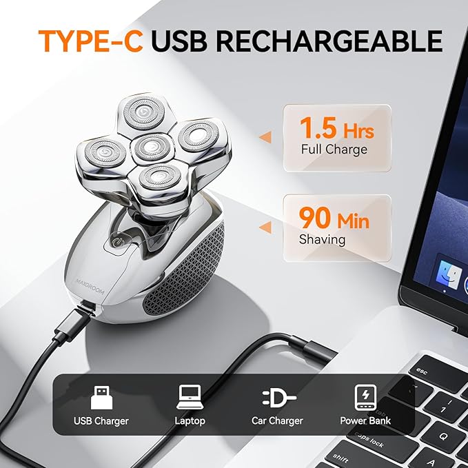 Head Shavers for Bald Men, MAXGROOM 5 in 1 Waterproof Head Razor for Men with LED Display, Travel Pouch, USB Rechargeable & Magnetic Detachable, Silver