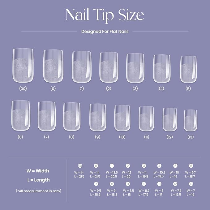 Tipex Gel Nail Tips Kit, Pre-etched Acrylic Hard Nail Tips Set for Beginners, Short Square Full Cover Press On Nails, Deep C Curve Flat Nails, 16 Sizes, UV Nail Glue, LED Lamp, Base Gel