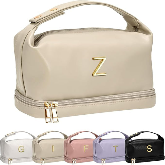 Gifts for Women, Initial Makeup Bag, Waterproof Double Layer Cosmetic Bag, Large Capacity PU Leather Makeup Bags Letter Travel Toiletry Bag with Makeup Brush Organizer