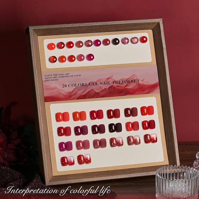 GAOY 23 Pcs Gel Nail Polish Kit, Red Glitter Colors UV Gel Nail Polish Set with Glossy & Matte Top Coat and Base Coat for Nail Art Home DIY Gel Nail Kit