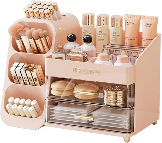 Makeup Organizer for Vanity, Countertop Organizer With Drawers, Spacious Cosmetic Display Case for Beauty Essential, Skincare, Lipstick, Pink