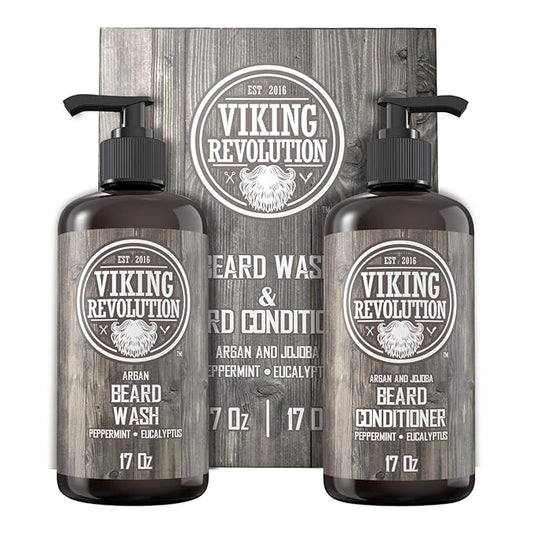 Viking Revolution Beard Wash & Conditioner Set w/Argan & Jojoba Oils – Softens, Smooths & Strengthens Beard Growth - Natural Peppermint and Eucalyptus Scent - Shampoo (17 oz)