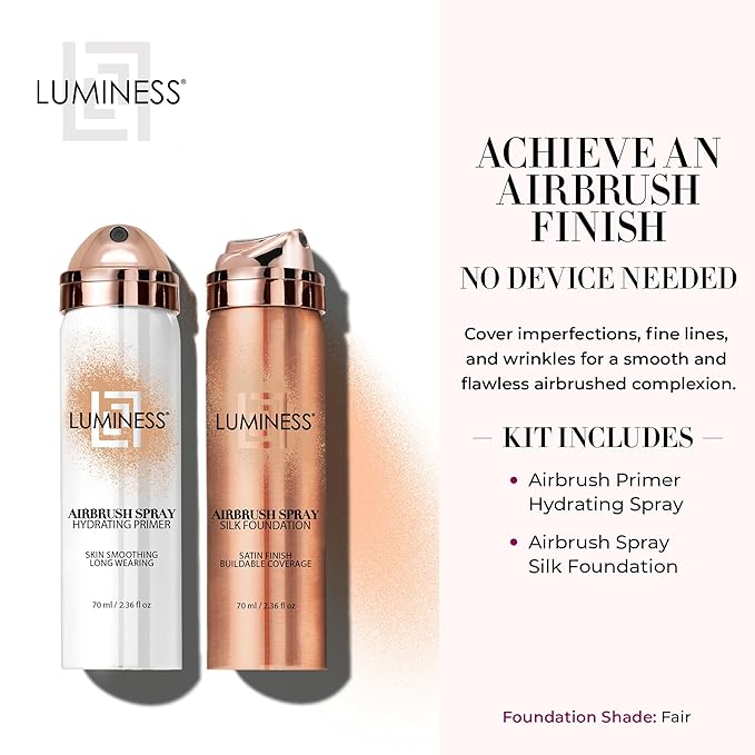 LUMINESS Silk Airbrush Spray Foundation & Primer Kit - Full Coverage Foundation, Anti-Aging Formula Hydrates & Moisturizes with Hyaluronic Acid, Aloe Vera & Hydrolyzed Silk (Shade - Fair)