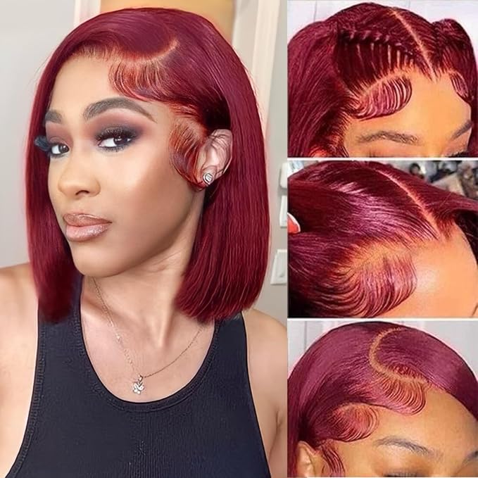 99j Burgundy Lace Front Wigs Human Hair Short Bob Wig Human Hair for Women 13x4 HD Transparent Lace Frontal Wigs Pre Plucked with Baby Hair Glueless Wigs Human Hair 180% Density 12 Inch