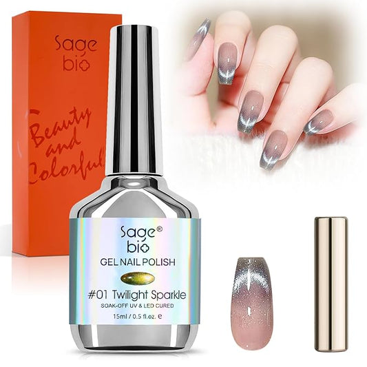 Crushed Diamond Cat Eye Gel Nail Polish with Magnet Stick, 15ml Holographic Glitter Gel, Ideal for DIY Nail Art, Twilight Sparkle