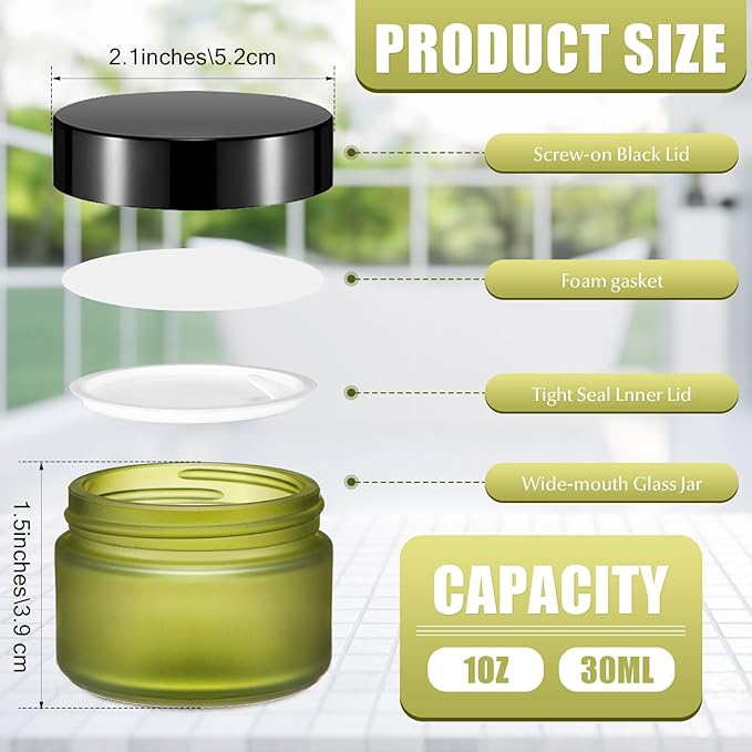 Domensi 60 Pcs 1oz Glass Jars with Lids Bulk Salve Tins Small Glass Candle Cosmetic Jars for Travel with Inner Liners Containers for Lotions Sample Cream(Green, Black Lid)