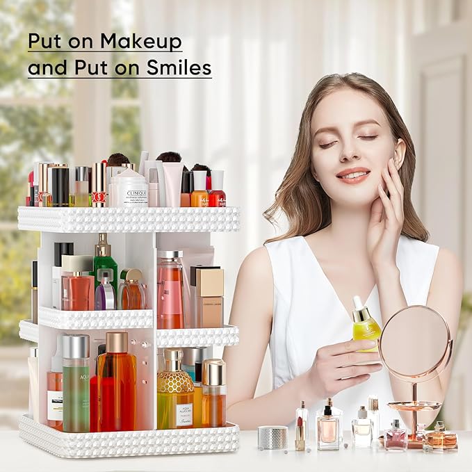360°Rotating Makeup Organizer, Large Capacity Vanity Organizer with DIY Adjustable Trays, Makeup Brush Cosmetic Skincare Organizer Spinning Holder Shelf Storage Rack, Perfume Organizer For Dresser