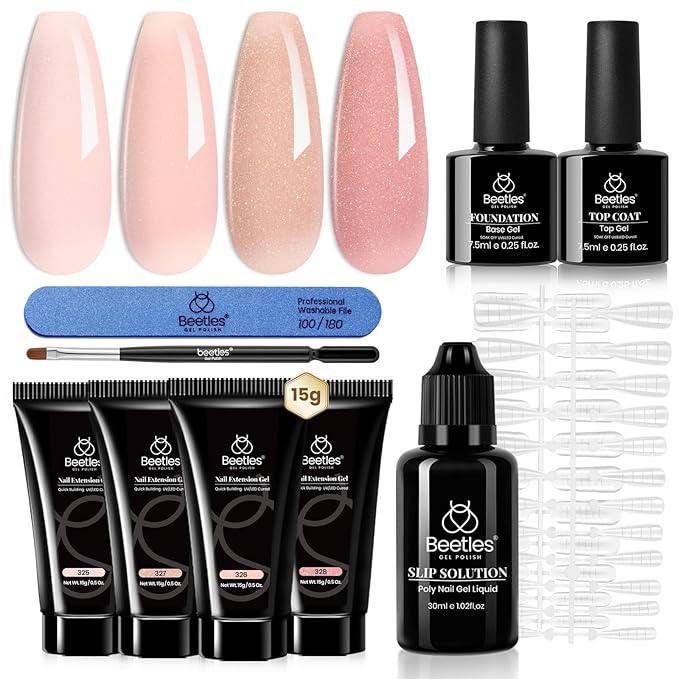 Beetles Poly Extension Gel Nail Kit, 4 Colors Nude Pink Neutral With Base Top Coat Manicure Enhancement All In One Poly Nail Gel Kit