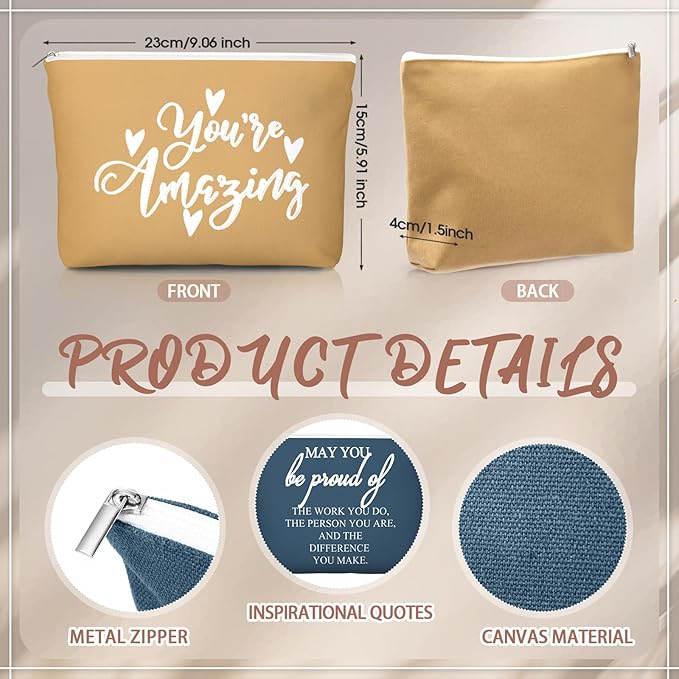 20 Pcs Employee Appreciation Gifts 10 Inspirational Canvas Makeup Bags 10 Compact Mirrors Bulk Cosmetic Bags Round Portable Pocket Mirror Thank You Gifts for Women (Praise)