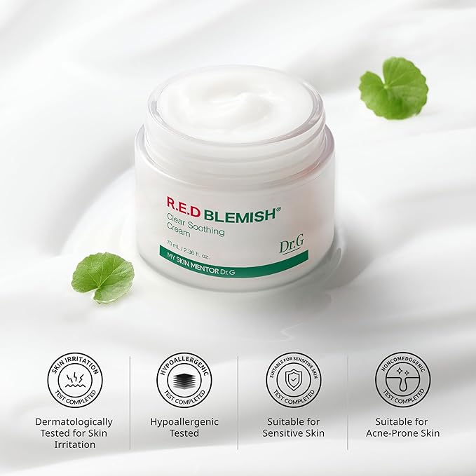 Dr.G Red Blemish Clear Soothing Korean Moisturizer Face Cream, 70ml - Cica Cream, Korean Skin Care Moisturizer, Korean Face Moisturizer, Facial Moisturizer, Korean Skincare, K Beauty Skincare Coreano