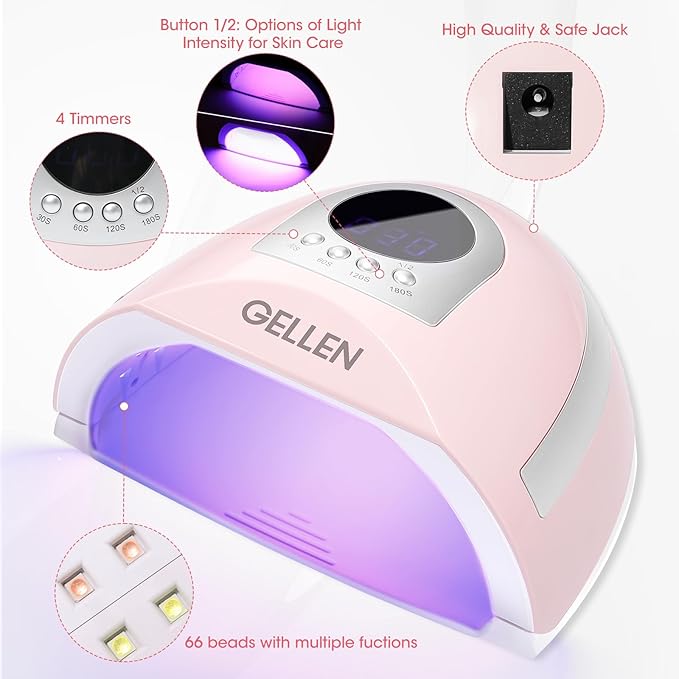 Gellen 268W UV Light for Nails - Professional Fast Curing Lamp with 4 Timers, 66 LED Beads - Dryer for Gel and Acrylic Nails