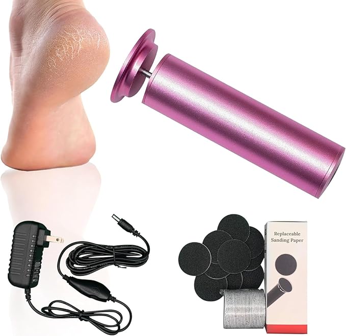 Electric callus remover, foot sander, enhanced pedicure tool with speed controller and 60 spare sanding discs for men and women, removes calluses, dead and dry skin, pink and black color.
