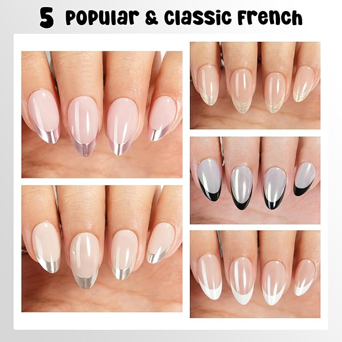 Chrome French Tip Press on Nails - Almond Press on Nails Short, French Nails Soft Gel Nails False Nail, Stick On Nails in 16 Sizes -160PCS Soft Gel Fake Nails Kit for Valentines Day Gift