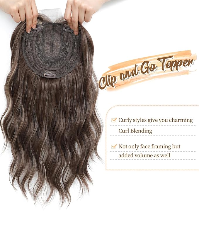 PANEWAY Hair Topper 16Inch Hair Toppers For Women Wavy Curly Brown Highlights Clip In Synthetic Wiglets Hair Pieces For Women