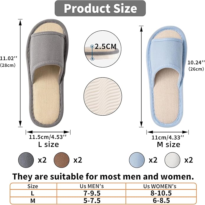 8 pairs disposable hospitality slippers, home slippers, open-toe indoor slippers, comfortable and washable, multi-color leisure spa slippers, suitable for home, hotel, travel