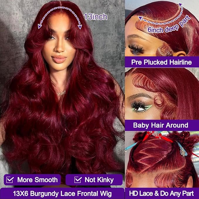 99J Burgundy Lace Front Wigs Human Hair Pre Plucked 13x6 Body Wave HD Transparent Lace Frontal Glueless Wigs Human Hair Red Wigs For Black Women Natural Hairline with Baby Hair 24 Inch