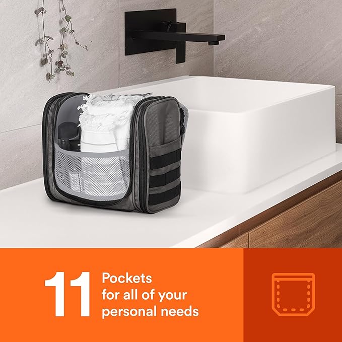 Fitdom Tactical Hanging Toiletry Bag Dopp Kit For Men & Women. Perfect For Travel & Storage for Cosmetic, Clipper, Toothbrush, Shower, Shaving & Grooming Care. Best Overnight Toiletries Organizer Case