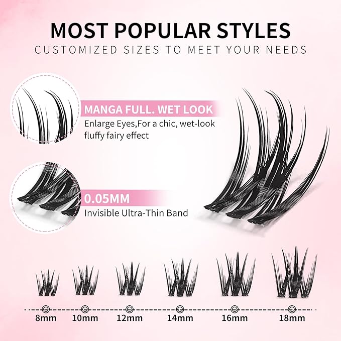 Manga Lash Clusters Wispy 8-18mm Fairy Eyelash Clusters C Curl - WideSpan DIY Lash Extensions Wet-Look Spiky Anime Lashes 0.05mm Ultra-Thin Invisible Lash Band