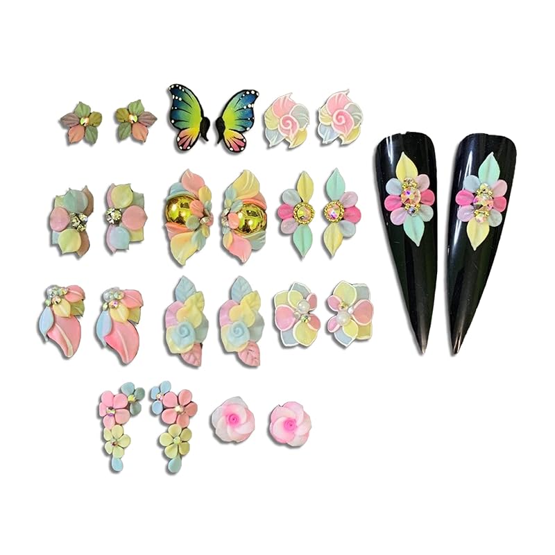 3D Acrylic Pastel Flower Nail Art Charms Handmade by Acrylic Powder - 24pcs 3D Flowers Nail Rhinestones Kit 3D Crystal Nail Pearls Design Acrylic Nail Art for Women (Pastel)