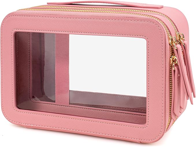 Clear Makeup Bags TSA Approved Toiletry Bag Handle Large Opening,Clear Toiletry Bags for Carry-on Traveling Travel Car Accessories Essentials Organziation Storage for Women Girls(Rose Pink, 2Layer)