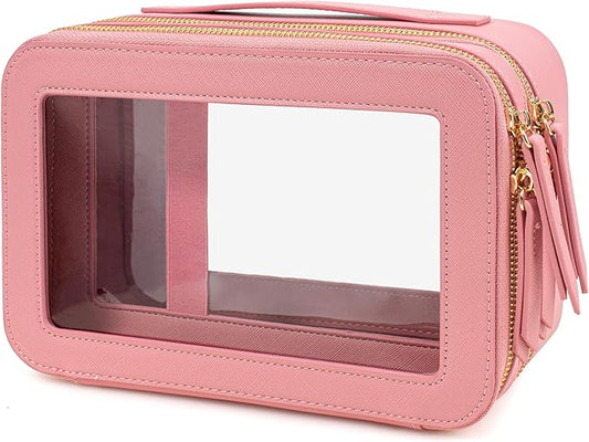 Clear Makeup Bags TSA Approved Toiletry Bag Handle Large Opening,Clear Toiletry Bags for Carry-on Traveling Travel Car Accessories Essentials Organziation Storage for Women Girls(Rose Pink, 2Layer)