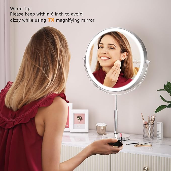 Hasipu 10-inch Lighted Makeup Mirror with Magnification, Rechargeable 3000 mAh Vanity Mirror with Lights, Desk Mirror with Dimmable Brightness, 3 Lighting Modes, Height Adjustment, 360° Rotation