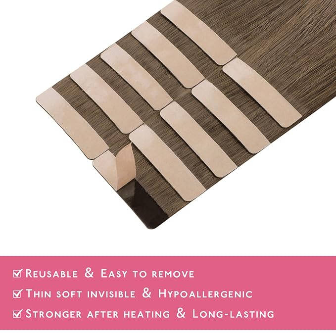 WENNALIFE Tape in Hair Extensions Human Hair Light Ash Brown Tape in Extensions, 10pcs 25g 18 inch Remy Invisible Tape Ins Straight Colored Soft Real Human Hair Tape in Extensions Refill Set