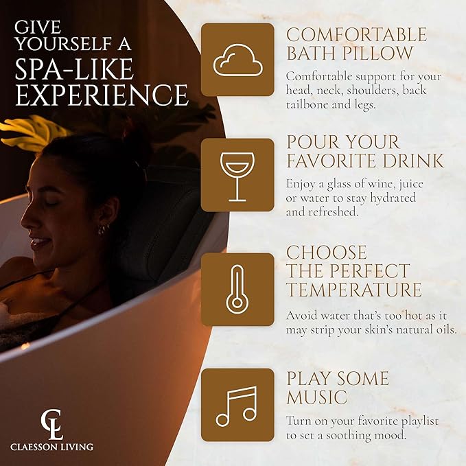 Full Body Bath Pillow (17'' x 49'') - Bathtub Cushion with Headrest Supports Neck, Back and Legs - Free Hanging Hooks for Fast Drying Over Tub - Includes Washing and Travel Bags - Black