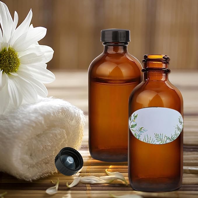 4oz Amber Glass Bottles, Boston Round Glass Bottles (50 Pack) with Leak-proof Caps, Refillable Container for Homemade Vanilla Extract, Essential Oils, Herbal Medicine and More