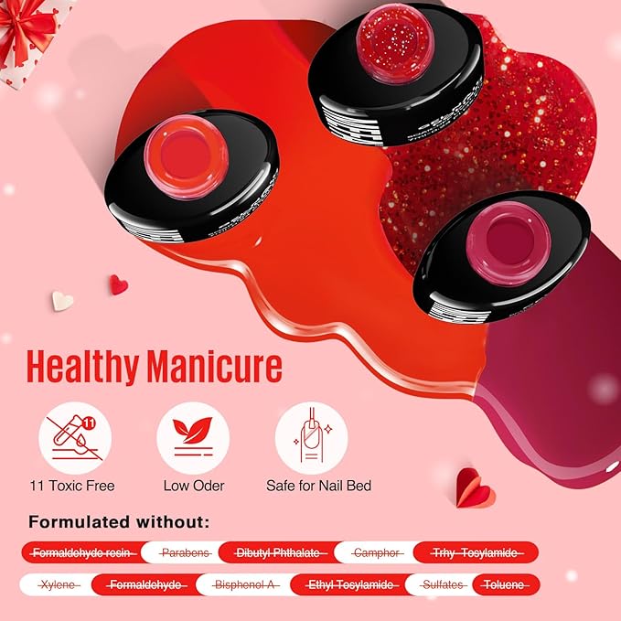 MEFA 6 Colors Red Gel Nail Polish Set, Glitter Shades Sparkle Silver Champagne Love Times Tones Salon Decorations Nail Art Design at Home Manicure DIY Kit Gifts for Women Girl