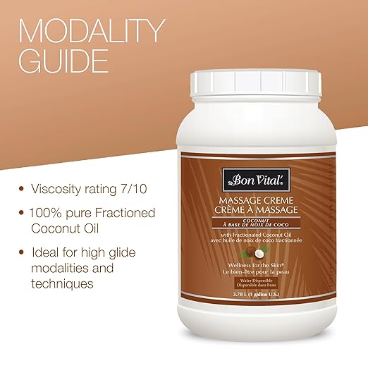 Bon Vital' Coconut Massage Creme with 100% Pure Fractionated Coconut Oil, Massage Cream & Moisturizer to Repair Dry Skin, No Greasy Feel, Professional Massage Anti-Aging Cream, 1 Gal, Label may Vary