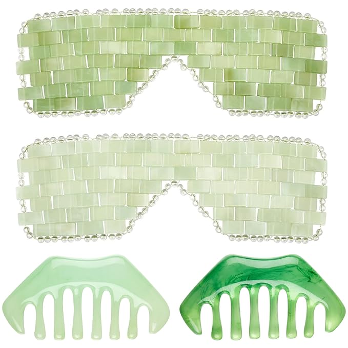 Hercicy 4 Pcs Jade Eye Mask and Hair Comb Set Green Jade Stone Eye Mask White Facial Cooling Set Guasha Scalp Comb Facial Massage Tool for Relax Alleviate Puffiness Esthetician Supplies