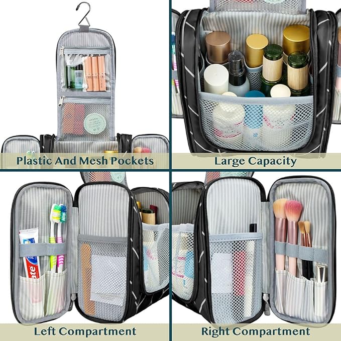 PAVILIA Toiletry Bag Travel Bag for Women Men, Hanging Cosmetic Organizer, Water Resistant Makeup Bag for Accessories Toiletries, Large Travel Essentials Kit (Black Chevron)