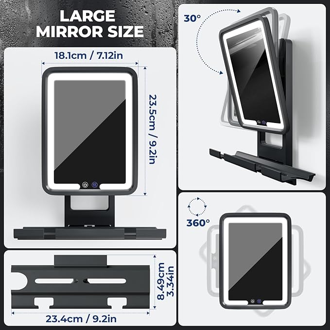 Shower Mirror Fogless for Shaving, Anti Fog Bathroom Mirror with Light, Heated Fog Free Shaving Mirror, 5000mAh Rechargeable Battery with 2 Razor Holders & Storage Tray, 3-Color Dimmable