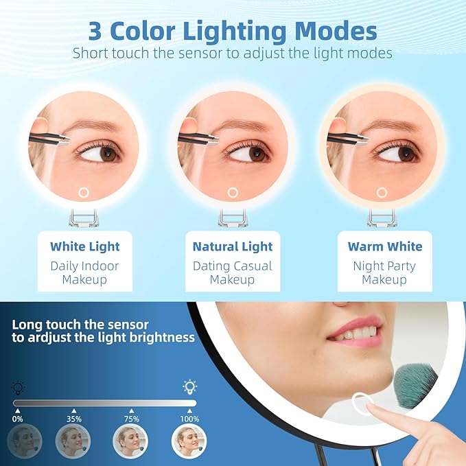 5X Makeup Magnifying Mirror with Lights, 6'' Magnifying Mirror with 3 Color Lights Dimmable Makeup Mirror with 5X Magnification, Lighted Travel Magnifying Mirror with Suction Cups and Adjustable Stand