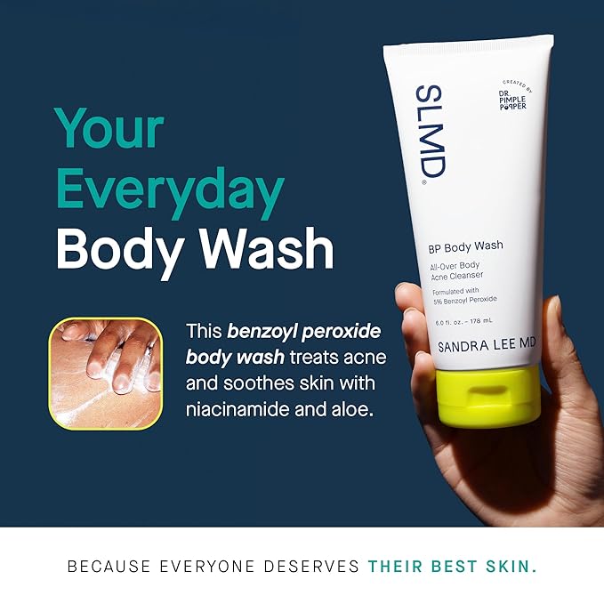SLMD by Dr. Pimple Popper BP Body Wash – 5% Benzoyl Peroxide Exfoliating Cleanser for Clearer, Smoother-Looking Skin – 6 fl. oz Skincare