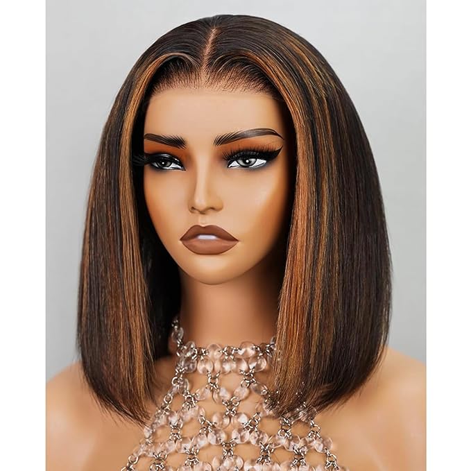 Arabella 5x6 Highlight Bob Wig Human Hair Real 210% Density 1B/30 Ready to Go Glueless Wig Straight Bob Wigs Human Hair Pre Cut Lace Pre Bleached Tiny Knots (12inch, 5x6 1B/30)