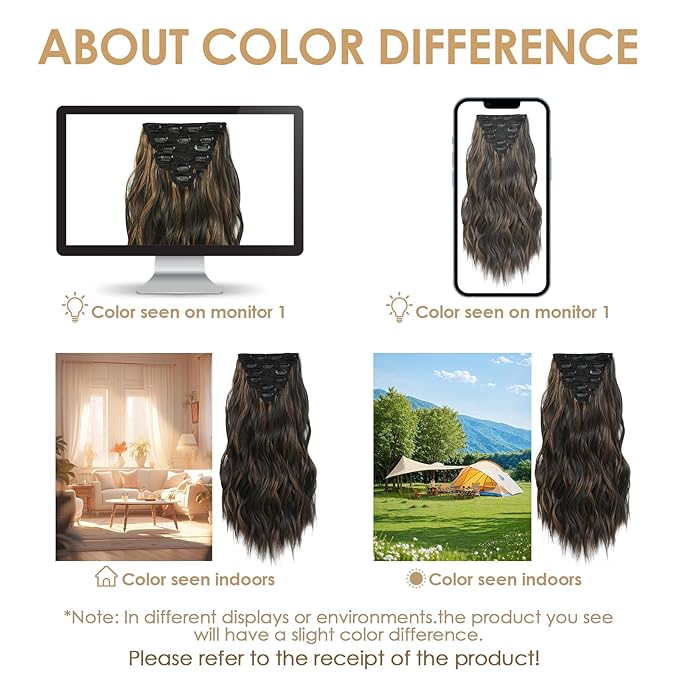 Clip In Synthetic Hair Extensions 6PCS 20 Inch Wavy Long highlights Brown Hair Extensions Thick Clip Ins Hairpieces Double Weft Full Head For Women Extension(230G,Auburn Chestnut)