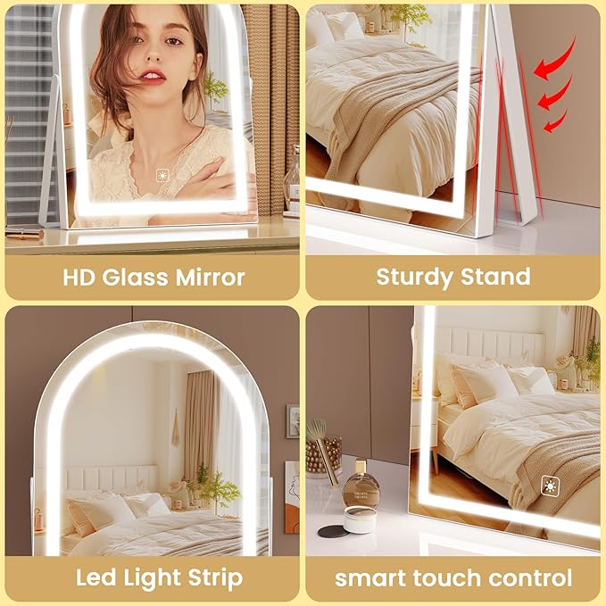 Elegant LED Vanity Mirror with 3-Color Adjustable Lights, Arched Makeup Mirror 360° Rotating Stand & Touch Control - Perfect Makeup Gift for Women Gold