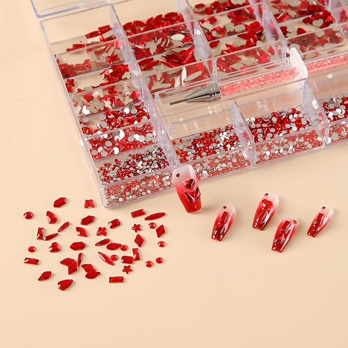 Red Nail Art Rhinestones 12 Kinds of 600 PCS + 6600 Pieces Flat Back Rhinestones Mixed Different Size Flat Back Rhinestones Crystals 3D Decoration Flat Back Stones Gemstone Set for Nail Art DIY
