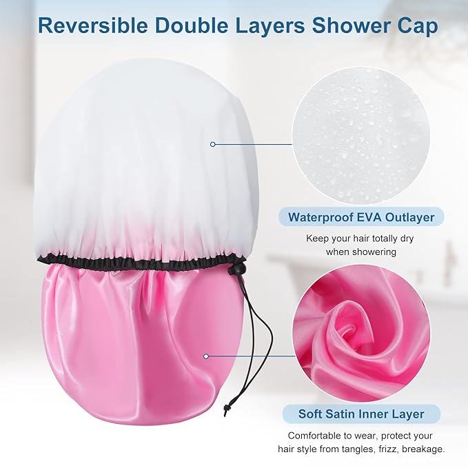 3 Pcs 16.5" Super Extra Large Shower Cap, Reusable Dual Waterproof Shower Cap for Women, Jumbo Satin Lined Shower Cap for Braids & Long Hair, XXL Adjustable Hair Cap for Locs Dreadlocks Music