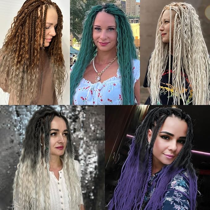 24 Inch Double Ended Dreadlock Extensions Sets, 20 Strands 3 In 1 Mixed Synthetic Dreads Extensions, Ombre Purple Straight&Curly&Boho Handmade Dreads Hippie Style Dreadlocks for Woman