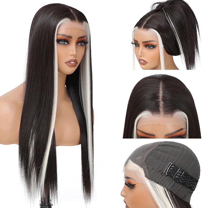 7x5 Lace Front Wig for Women Skunk Stripe Glueless Wig Synthetic Lace Wig Pre Plucked HD Lace Straight Wig Ready to Wear Long Straight Brown and Blonde Wig 26inch