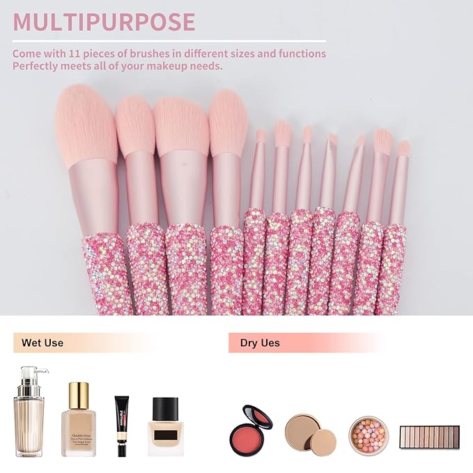 Professional Makeup Brushes Set 11PCS Bling Rhinestone Face Cosmetics Blending Liquid Foundation Powder Concealer Eye Shadows Make Up Beauty Tool Glitter (AB Pink)