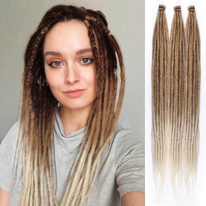 24 In 30 Strands SE Dreadlock Extensions, Brown to Blonde Thin 0.6cm Width Synthetic Dreads Extensions, 100% Handmade Dreads Hippie Style Dreadlocks for Woman