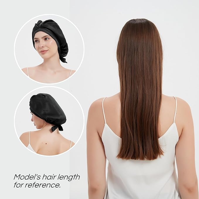 RachelSilk 100% Mulberry Silk Sleep Cap, Grade 6A 19 Momme Silk for Women Hair Care, Night Bonnet with Elastic Stay On Head, Sleep Cap After Shower, for Small -Medium Head Size (Black)