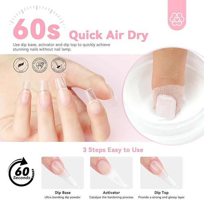 SAVILAND Clear Dip Powder Nail Kit Starter: 60g 2.1oz Dip Powder for Nails with Dipping Powder Liquid Set Dip Base Activator and Top Coat Professional Dip Nail Kit Repair for French Manicure Nail Art