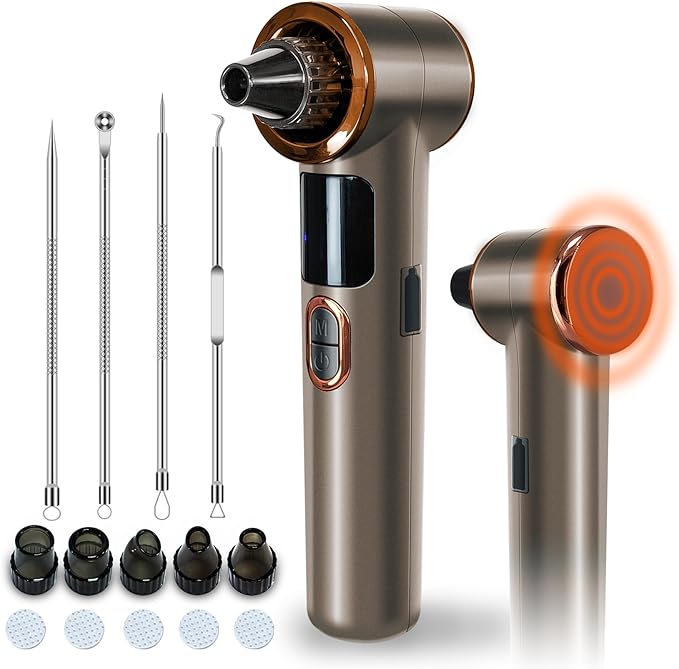 2 in 1 Blackhead Remover Pore Vacuum, Blackhead Vacuum Extractor with Heating Mode, Facial Pore Cleaner Electric, Whitehead Remover Tool-9 Suction Power, 5 Probes Blackhead Vacuum Kit for Women & Men